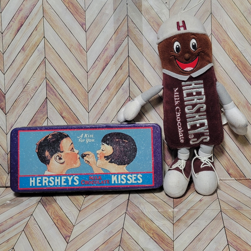 Vintage Hershey Kisses Tin and Hershey Bar Plush